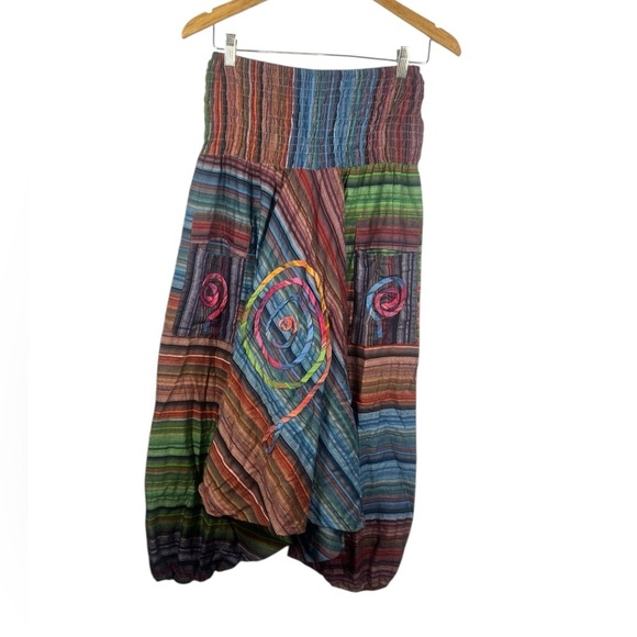 Harem Striped Swirl Embroidered India Cotton Hippie Festival Pants Medium - Picture 1 of 6